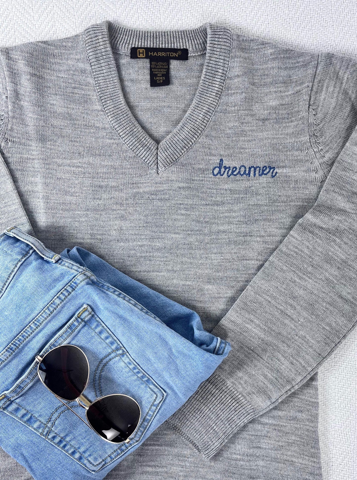 Personalized Chain Stitch Text V-Neck T-Shirt With Embroidered Phrase No Minimum