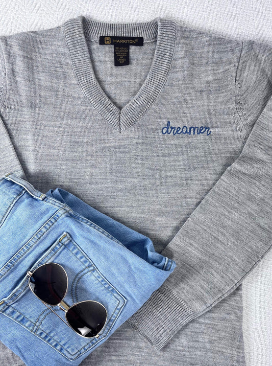 Personalized Chain Stitch Text V-Neck T-Shirt With Embroidered Phrase No Minimum