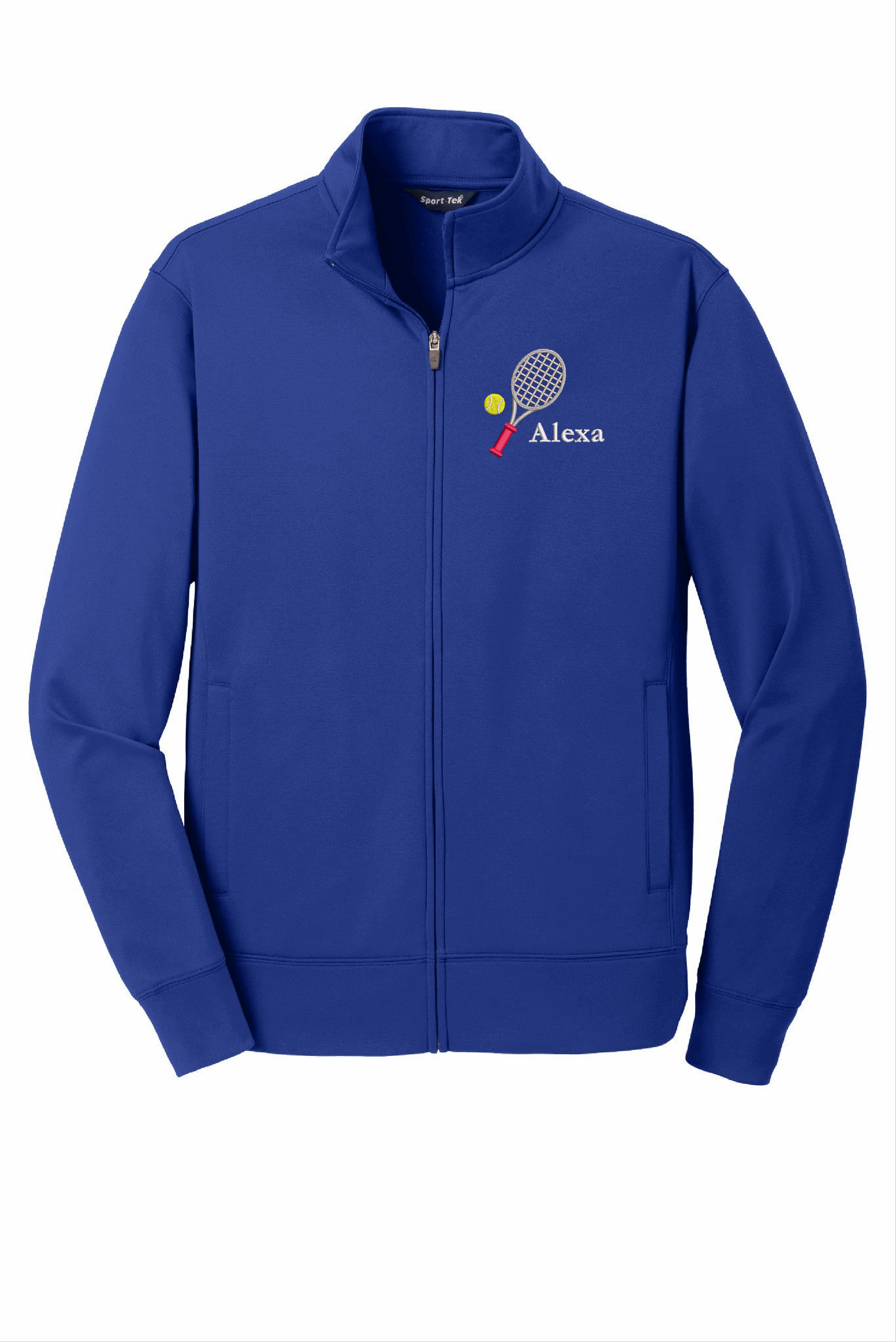 a blue jacket with a tennis racket on it