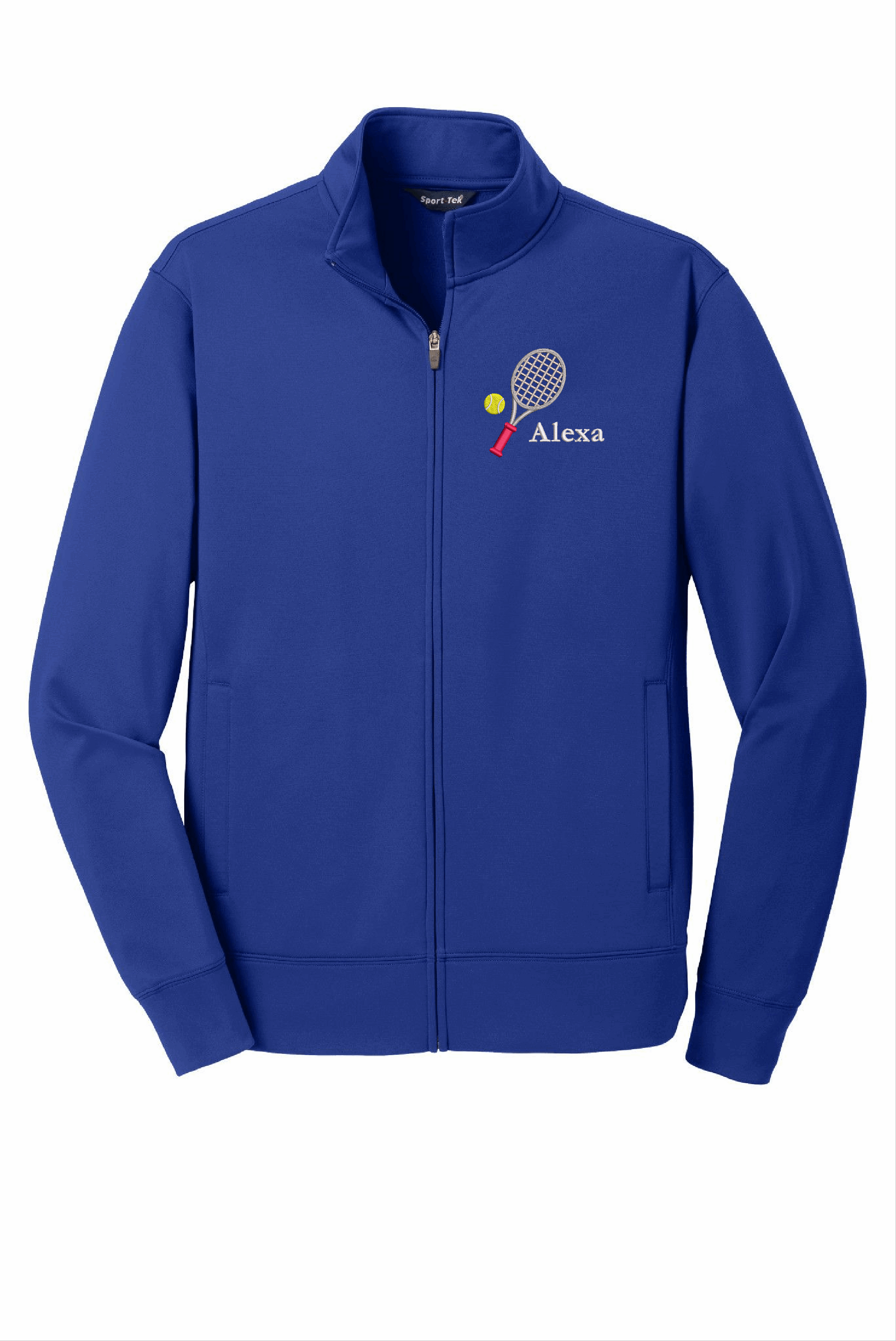a blue jacket with a tennis racket on it