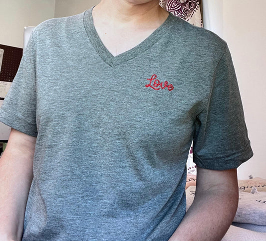 Personalized Love Chain Stitch Text V-Neck T-Shirt With Embroidered Phrase No Minimum
