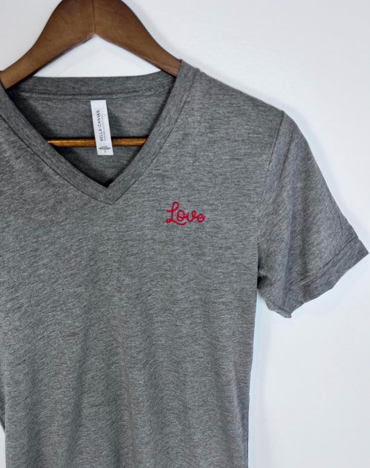 Personalized Love Chain Stitch Text V-Neck T-Shirt With Embroidered Phrase No Minimum