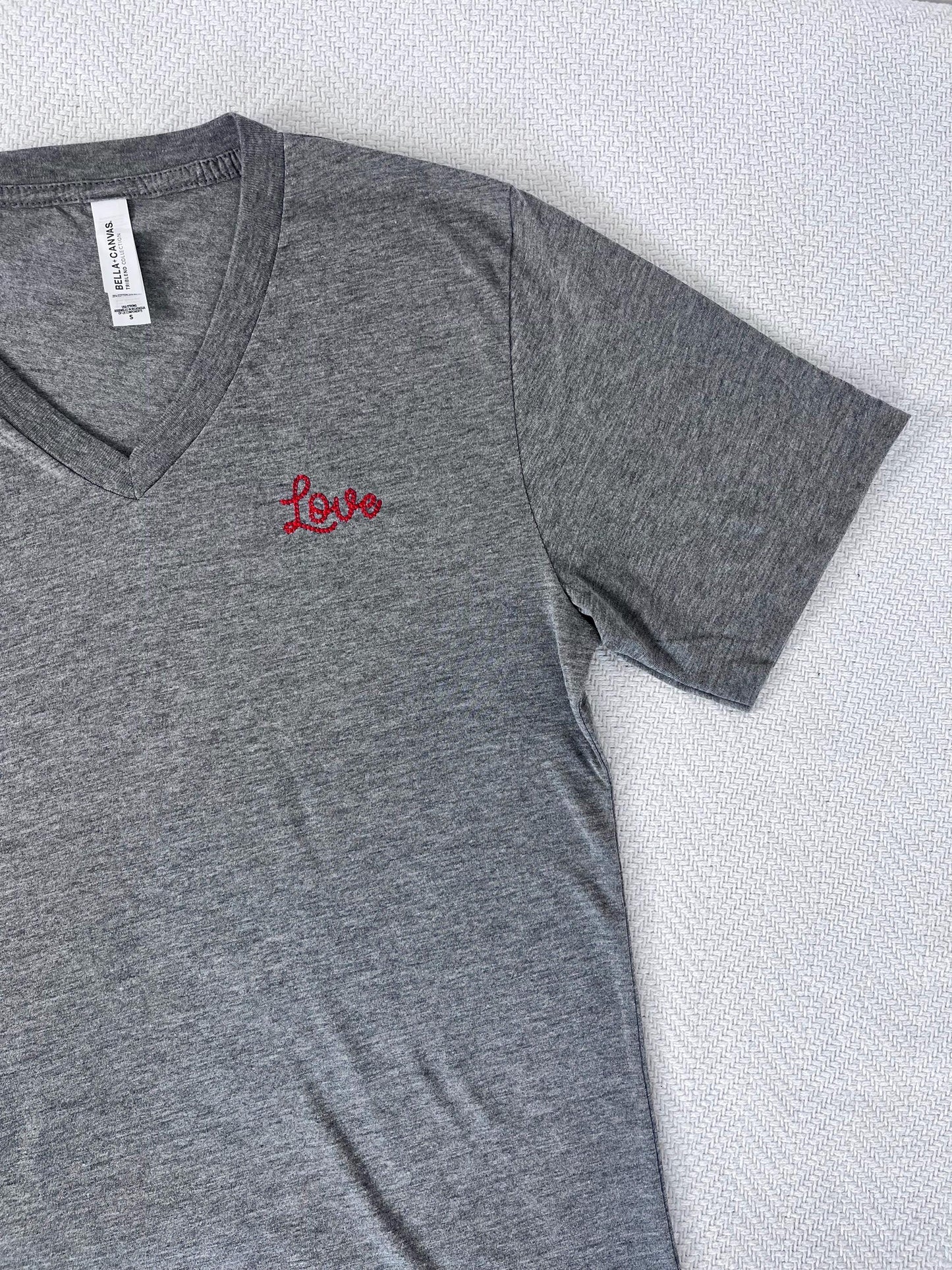 Personalized Love Chain Stitch Text V-Neck T-Shirt With Embroidered Phrase No Minimum
