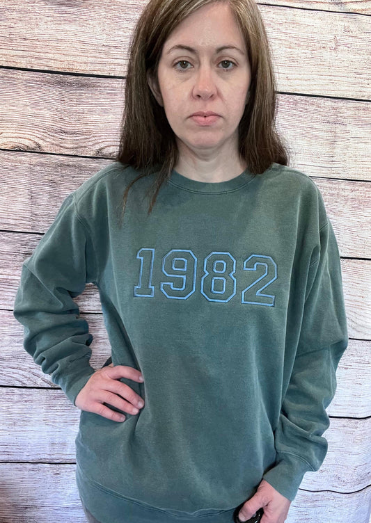 Personalized Collegiate Text Outline Sweatshirt Embroidered Birth year 40th 50th Birthday Gift