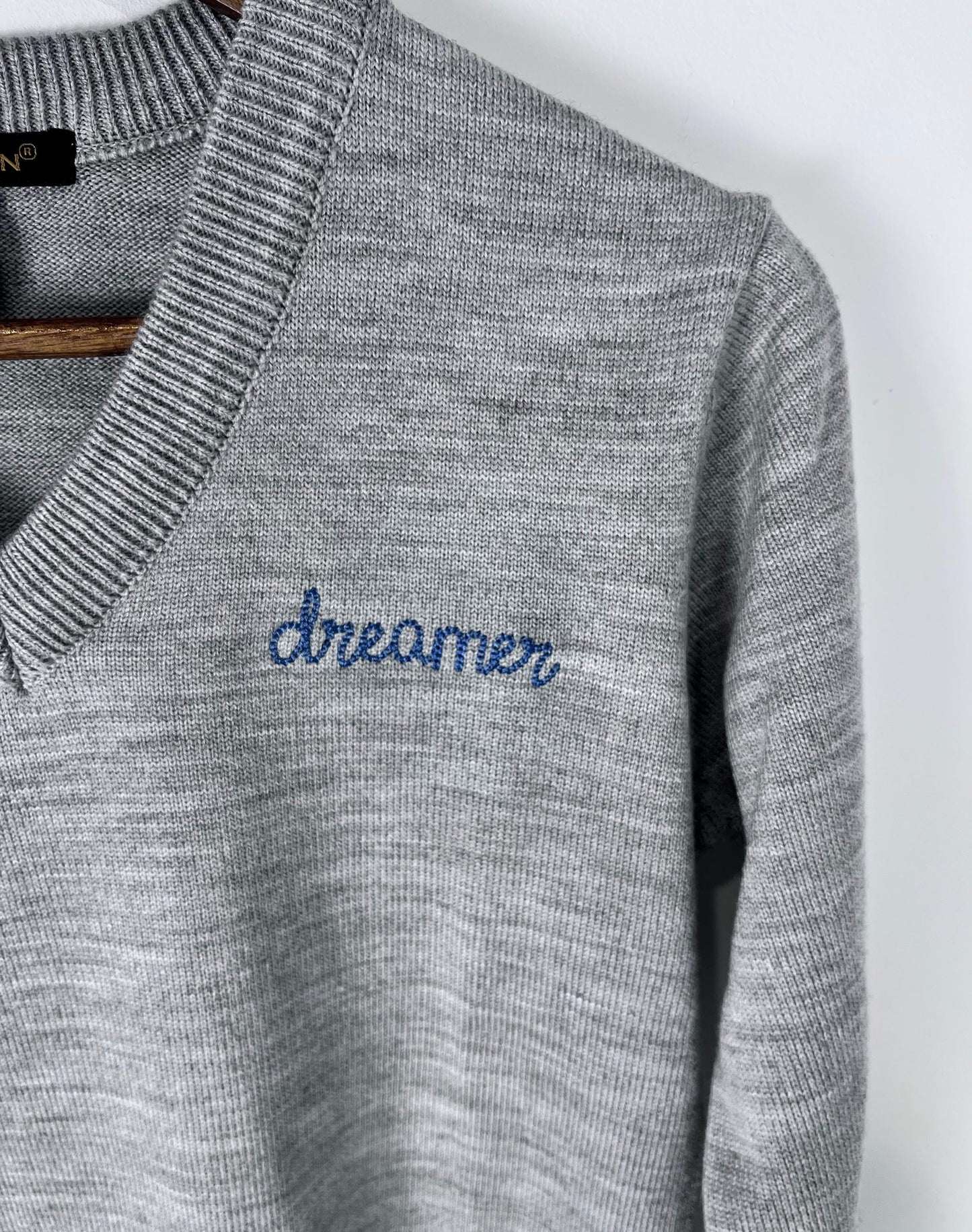 Personalized Chain Stitch Text V-Neck T-Shirt With Embroidered Phrase No Minimum