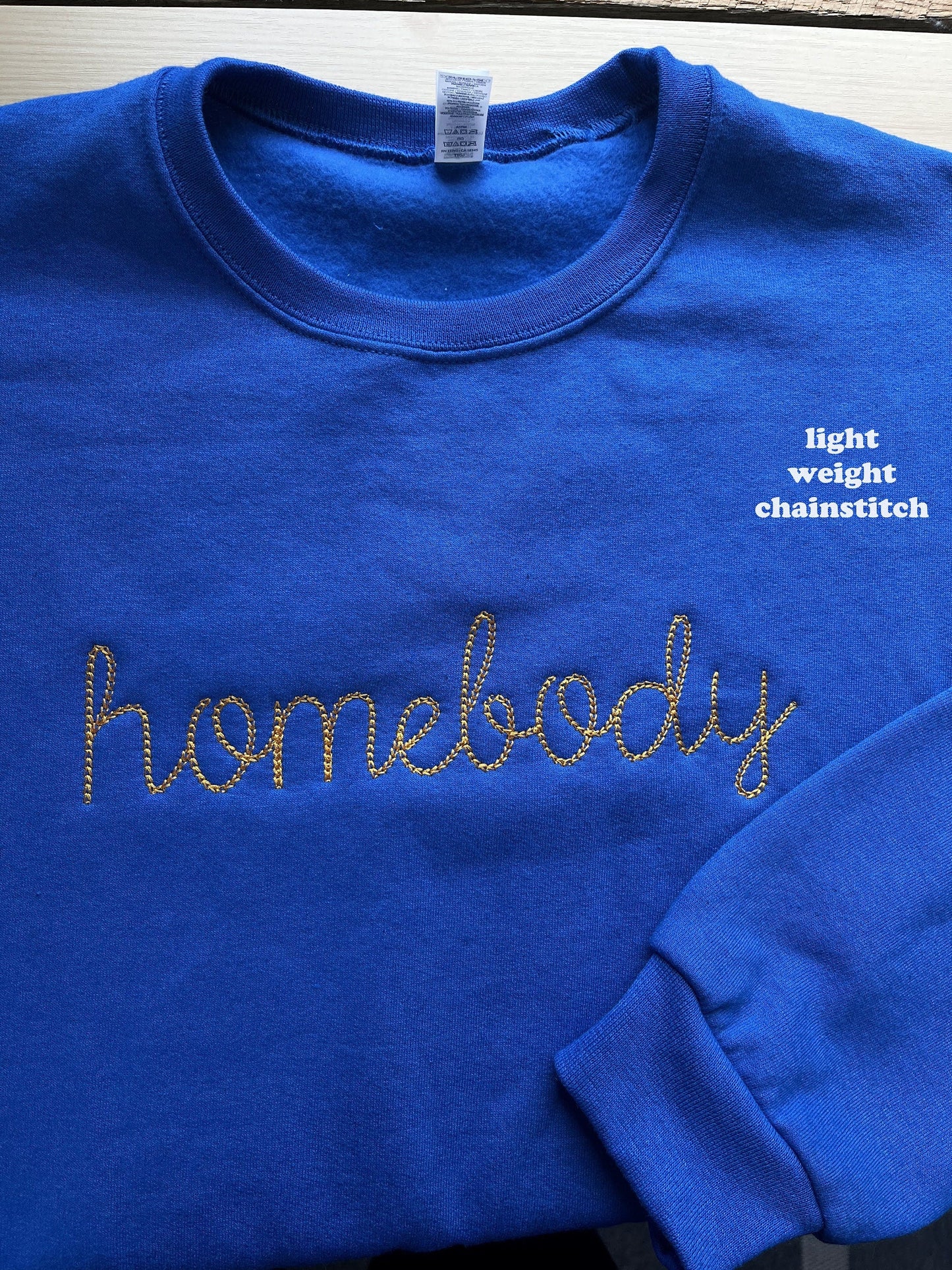 Personalized Small Chain Stitch Text Sweatshirt With Embroidered Phrase No Minimum